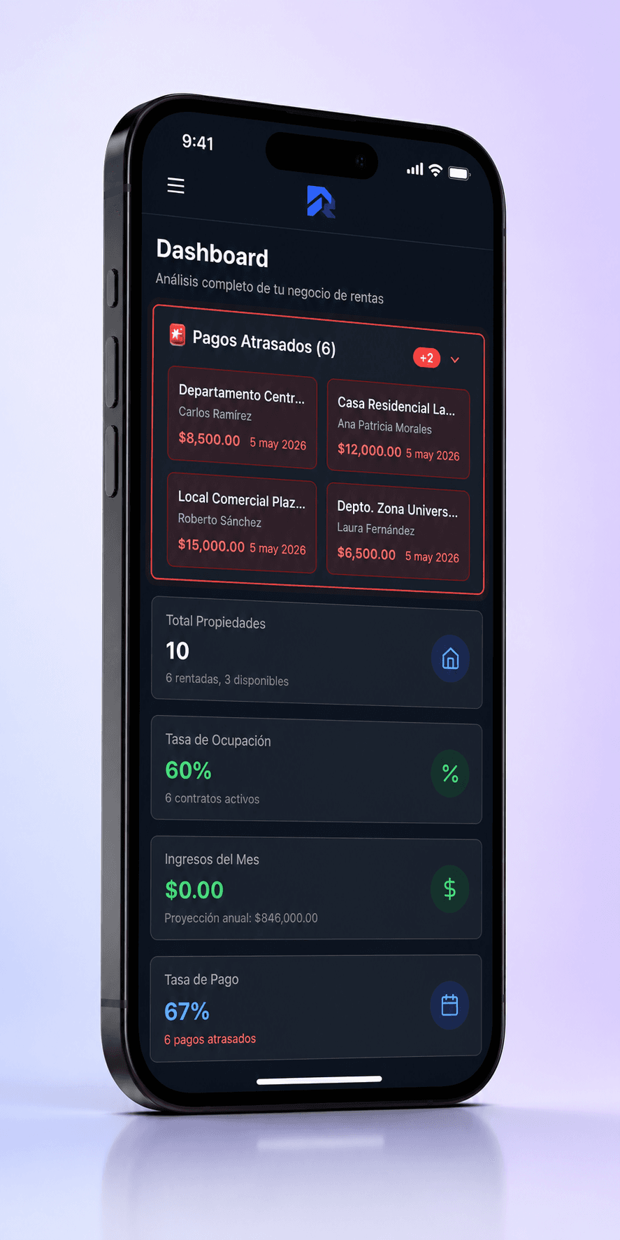 Dashboard móvil de Rentaio en iPhone